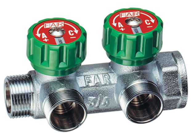 FAR Verteiler 3/4″ mit Absperrventilen, 2 Abgänge