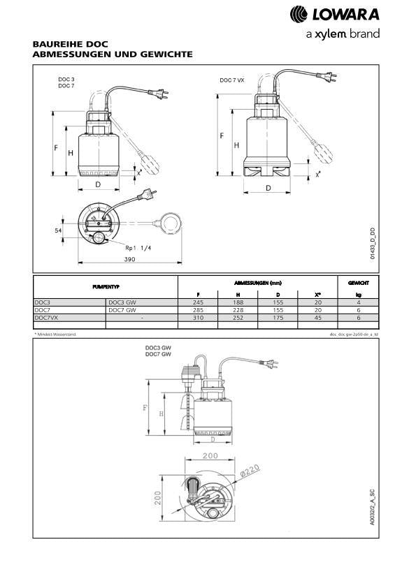 Lowara Schmutzwasserpumpe DOC 7 VX max. H:6,4m Rp1 1/4" max. Eintaucht.:5m
