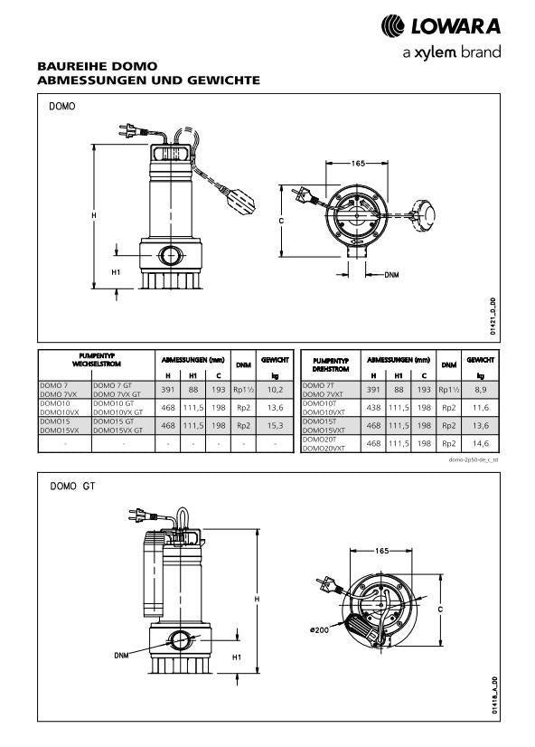 Lowara Schmutzwasserpumpe DOMO 10/B max. H:8,5m Rp2" max. Eintauchtiefe:5m