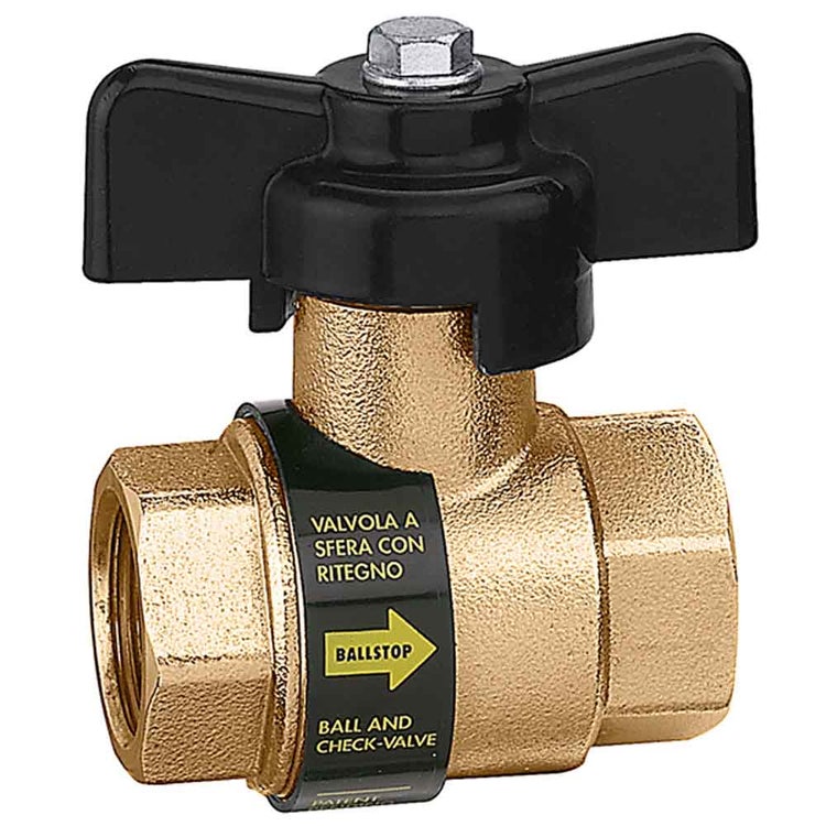Caleffi Kugelhahn mit eingebautem Rückschlagventil. Schmetterlingsgriff. Anschlüsse weiblich - weiblich 1" BALLSTOP 323062