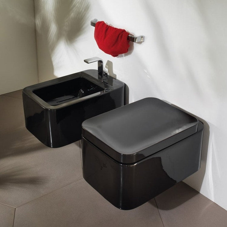 Flaminia Hängende Trinkwasser-Set, WC mit goclean®-System und abdeckender Toilettensitz mit langsamer Absenkung, Einloch-Bidet mit Überlauf, Farbe Schwarz, glänzende Oberfläche NILE NL118GNER+NL218NER+NLCW03NER