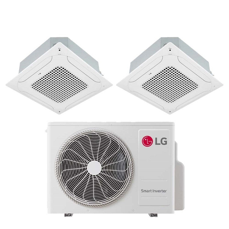 LG 2-fach-Split-Klimagerät 4-Wege-Kassette, Inverter, Weiß – Außengerät R32 7 kW, Innengeräte 9000+12000 BTU MU4R25.U24A0+CT[09|12]F.NR0
