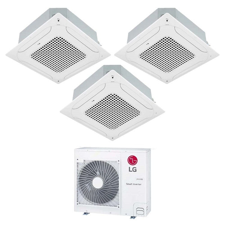LG 3-fach-Split-Klimagerät 4-Wege-Kassette, Inverter, Weiß – Außengerät R32 8,8 kW, Innengeräte 9000+12000+12000 BTU MU5R30.U36A0+CT[09|12|12]F.NR0