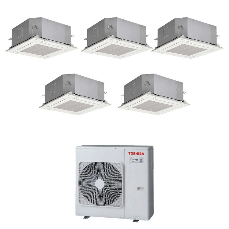 Toshiba 5-fach-Split-Klimagerät 4-Wege-Kassette 60x60, Inverter – Außengerät R32 10 kW, Innengeräte 10000+10000+13000+13000+13000 BTU RAS-5M34G3AVG-E+RAS-M[10|10|13|13|13]S4MUVG-E