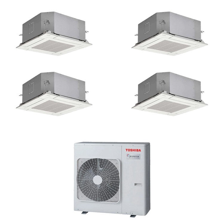 Toshiba 4-fach-Split-Klimagerät 4-Wege-Kassette 60x60, Inverter – Außengerät R32 10 kW, Innengeräte 10000+13000+18000+18000 BTU RAS-5M34G3AVG-E+RAS-M[10|13|18|18]S4MUVG-E