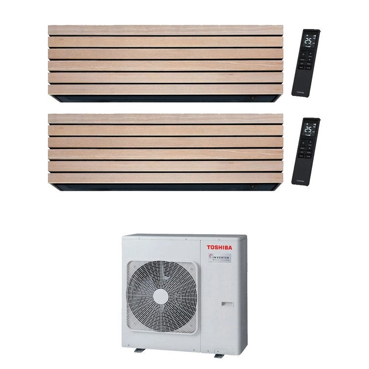 Toshiba 2-fach-Split-Klimagerät DAISEIKAI 10 WOOD, Wandgerät, Inverter, WLAN, Holzoptik (Wood) – Außengerät R32 8 kW, Innengeräte 10000+10000 BTU RAS-4M27G3AVG-E+RAS-B[10|10]S4KVDG-E