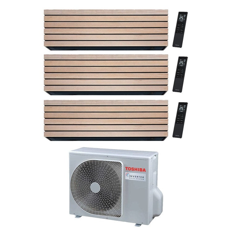 Toshiba 3-fach-Split-Klimagerät DAISEIKAI 10 WOOD, Wandgerät, Inverter, WLAN, Holzoptik (Wood) – Außengerät R32 5,2 kW, Innengeräte 13000+10000+10000 BTU RAS-3M18G3AVG-E+RAS-B[13|10|10]S4KVDG-E